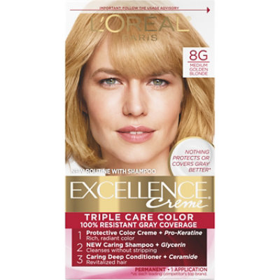 L'Oreal Paris Excellence Creme Permanent Triple Care Hair Color 8G Medium Golden Blonde Kit - Each