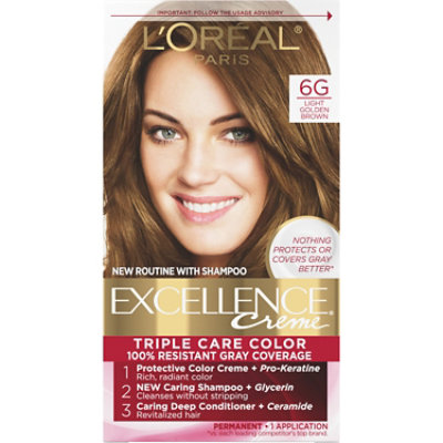 L'Oreal Paris Excellence Creme Permanent Triple Care Hair Color 6G Light Golden Brown Kit - Each