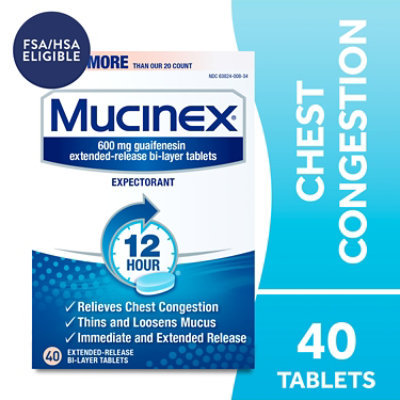 Mucinex Expectorant Chest Congestion 12 Hours Relief Extended Release Tablets - 40 Count