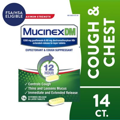Mucinex DM Expectorant & Cough Suppressant Maximum Strength 12 Hours Relief Tablets - 14 Count