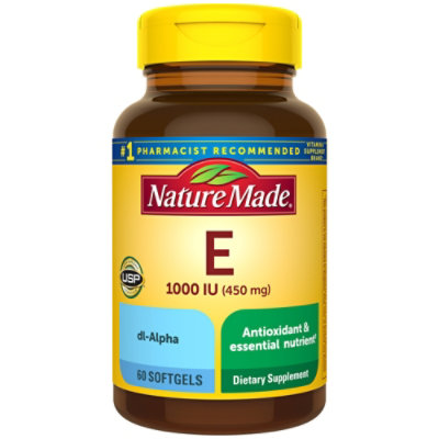 Nature Made Dietary Supplement Softgels Vitamin E 1000 IU dl-Alpha - 60 Count