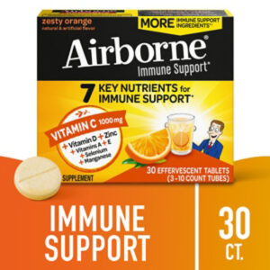 Airborne Immune Support Supplement Effervescent Tablet 1000mg Vitamin C Zesty Orange - 30 Count