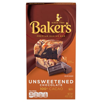 Baker's Unsweetened Chocolate Premium Baking Bar with 100 % Cacao - 4 Oz