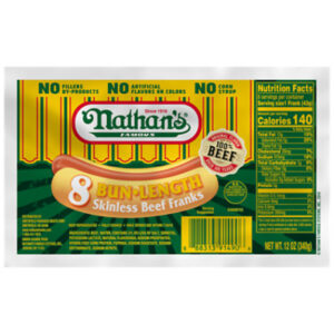Nathan's Famous Skinless Bun Length All Beef Hot Dogs 8 Count - 12 Oz