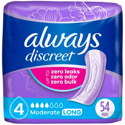 Always Discreet Moderate Long Incontinence Pads Up to 100% Leak Free - 54 Count