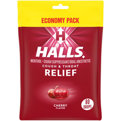 HALLS Cough Suppressant Drops Triple Soothing Action Cherry - 80 Count