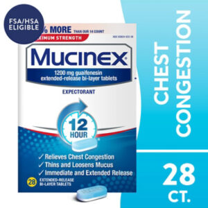 Mucinex Expectorant Chest Congestion 12 Hour Relief Maximum Strength Tablets - 28 Count