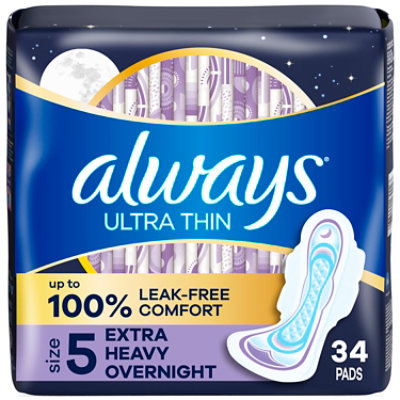Always Ultra Thin Pads Size 5 Extra Heavy Overnight Absorbency Unscented with Wings - 34 Count