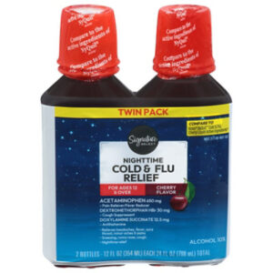 Signature Care Cold & Flu Relief Nighttime Acetaminophen 650mg Cherry Flavor - 2-12 Fl. Oz.