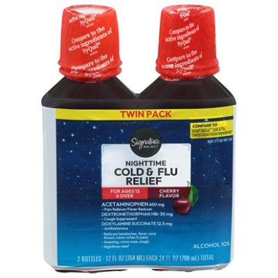Signature Care Cold & Flu Relief Nighttime Acetaminophen 650mg Cherry Flavor - 2-12 Fl. Oz.
