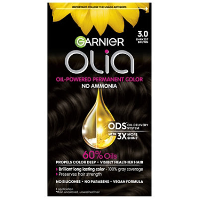 Garnier Olia Oil Powered Ammonia Free Permanent Hair Color 3.0 Darkest Brown Kit - Each