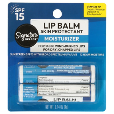 Signature Select/Care Lip Balm Moisturizer Skin Protectant With Suncreen SPF 15 - 2-0.15 Oz