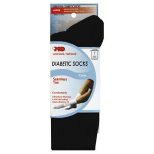 MD Socks Diabetic Seamless Toe Crew Unisex Large Black - Each