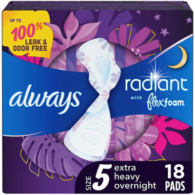 Always Radiant FlexFoam Pads Size 5 Extra Heavy Overnight Absorbency Wings Scented - 18 Count