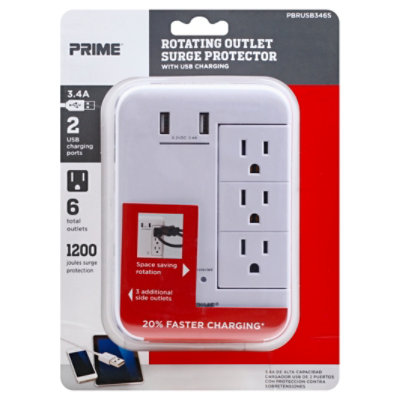 Prime Rotating Outlet Surge Protector 2 USB Port And 6 Outlet 3.4A - Each