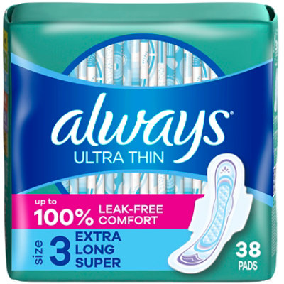 Always Ultra Thin Size 3 Extra Long Super Unscented Daytime Pads with Wings - 38 Count