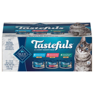 Blue Tastefuls Natural Pate Salmon Chicken Ocean Fish&Tuna Entree Wet Cat Food Variety - 12-3 Oz