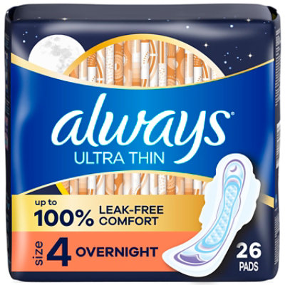 Always Ultra Thin Pads Size 4 Overnight Absorbency Unscented With Wings - 26 Count