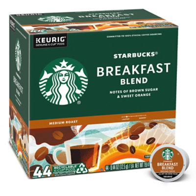 Starbucks Breakfast Blend 100% Arabica Medium Roast K Cup Coffee Pods Box 44 Count - Each