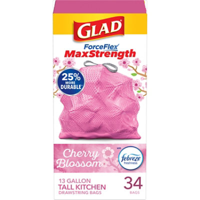 Glad ForceFlex MaxStrength Tall Kitchen Drawstring Trash Bags 13 Gallon Cherry Blossom - 34 Count