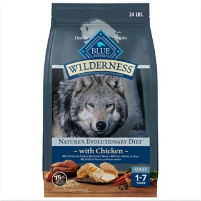 Blue Buffalo Wilderness Natural High Protein Dry Food for Adult Dogs Chicken Recipe Bag - 24 Lb