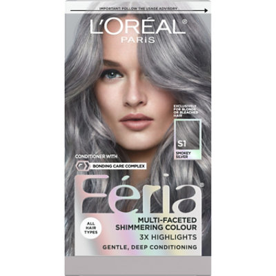 L'Oreal Paris Feria Shimmering Permanent Hair Color S1 Smokey Silver (Silver Gray) Kit - Each