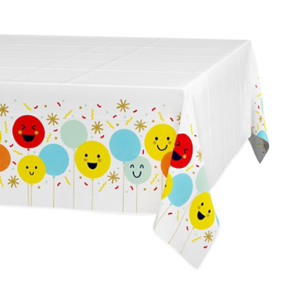 American Greetings White with Smiley Face Balloon Plastic Table Cover - Each