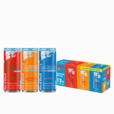 Red Bull Energy Drink SugarFree Variety Pack Red Amber & Sea Blue 80mg Caffeine - 12-8.4 Fl. Oz.