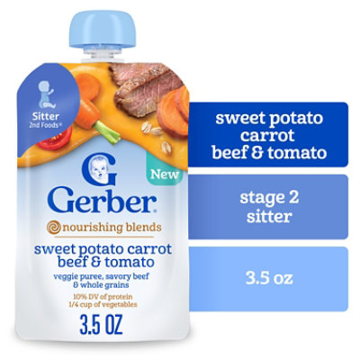 Gerber Nourishing Blends Sweet Potato Carrot Beef And Tomato Veggie Puree, Savory Beef And Whole Gra - 3.5 OZ