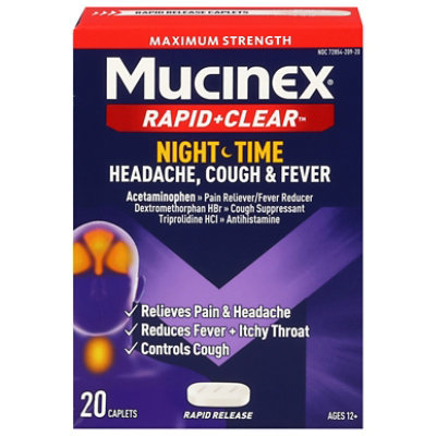 Mucinex Max Strength Rapid Clear Nighttime Headache Cough & Fever Caplets - 20 Count